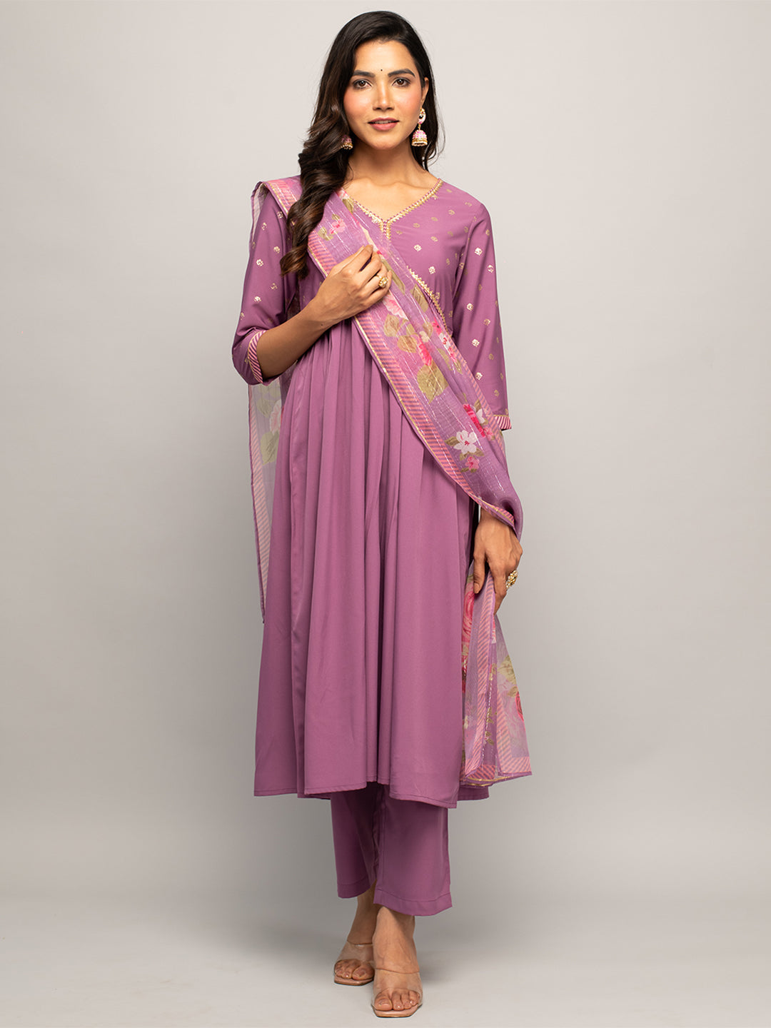 Women's Lavender Crepe A-line Kurta With Pant And Dupatta