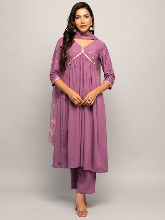 Women's Lavender Crepe A-line Kurta With Pant And Dupatta