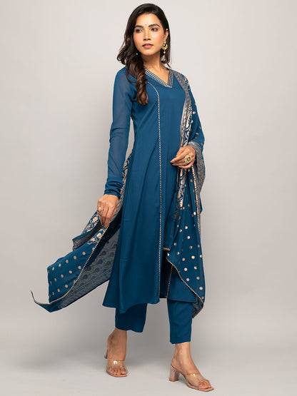 Women's Teal Blue Crepe A-line Kurta with Pant and Dupatta