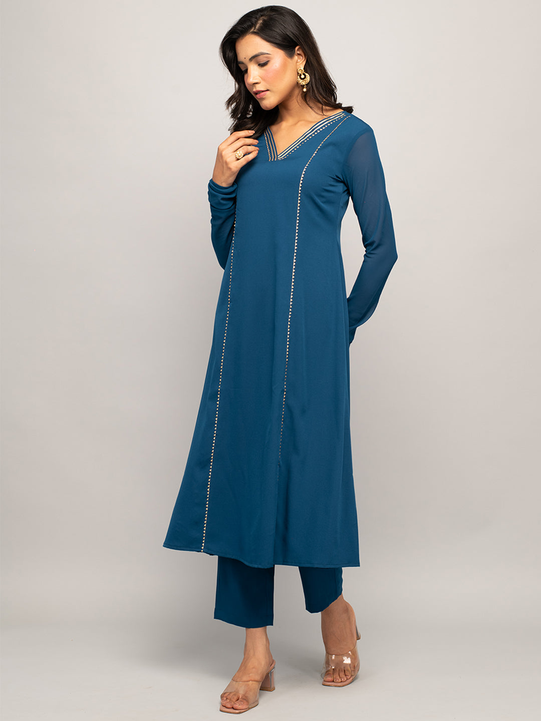 Women's Teal Blue Crepe A-line Kurta with Pant and Dupatta