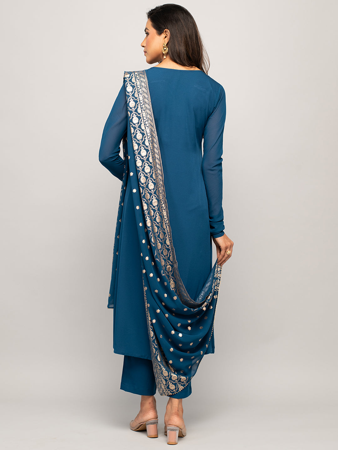 Women's Teal Blue Crepe A-line Kurta with Pant and Dupatta