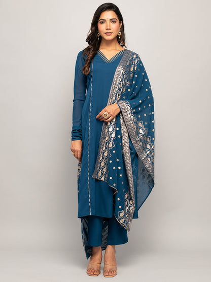 Women's Teal Blue Crepe A-line Kurta with Pant and Dupatta