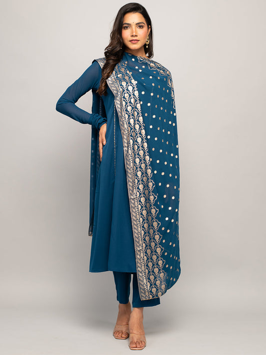 Women's Teal Blue Crepe A-line Kurta with Pant and Dupatta