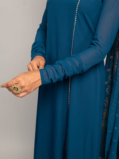 Women's Teal Blue Crepe A-line Kurta with Pant and Dupatta