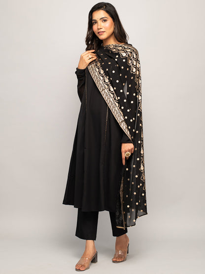 Women's Balck Crepe A-line Kurta with Pant and Dupatta