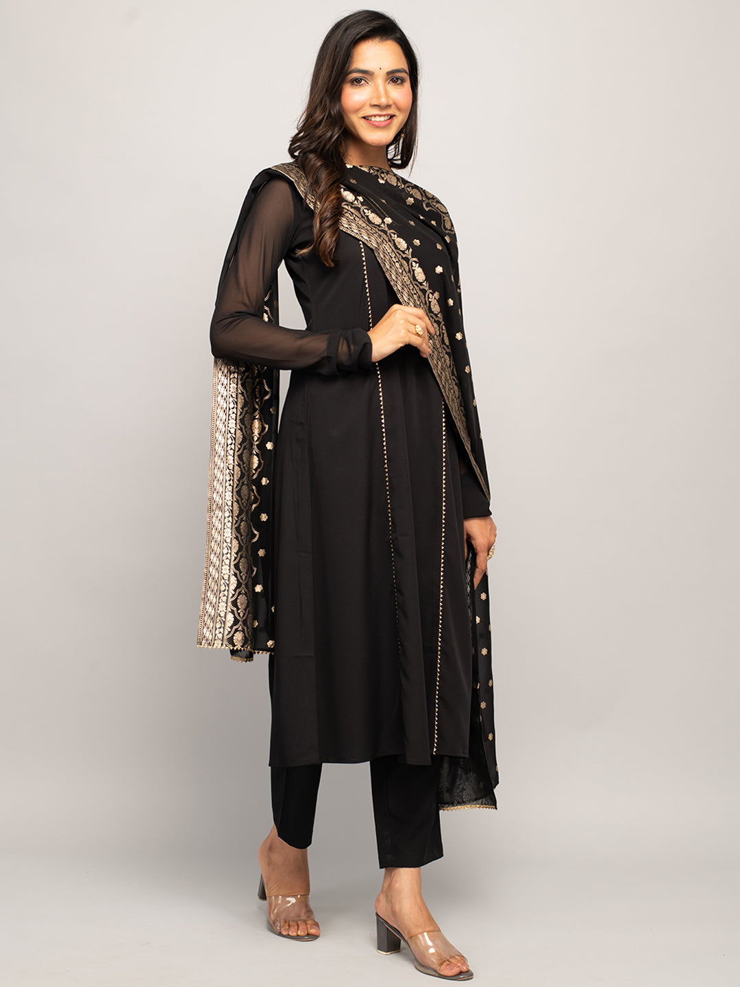 Women's Balck Crepe A-line Kurta with Pant and Dupatta