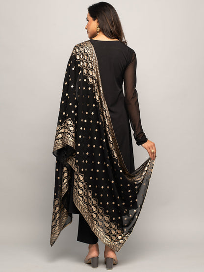 Women's Balck Crepe A-line Kurta with Pant and Dupatta