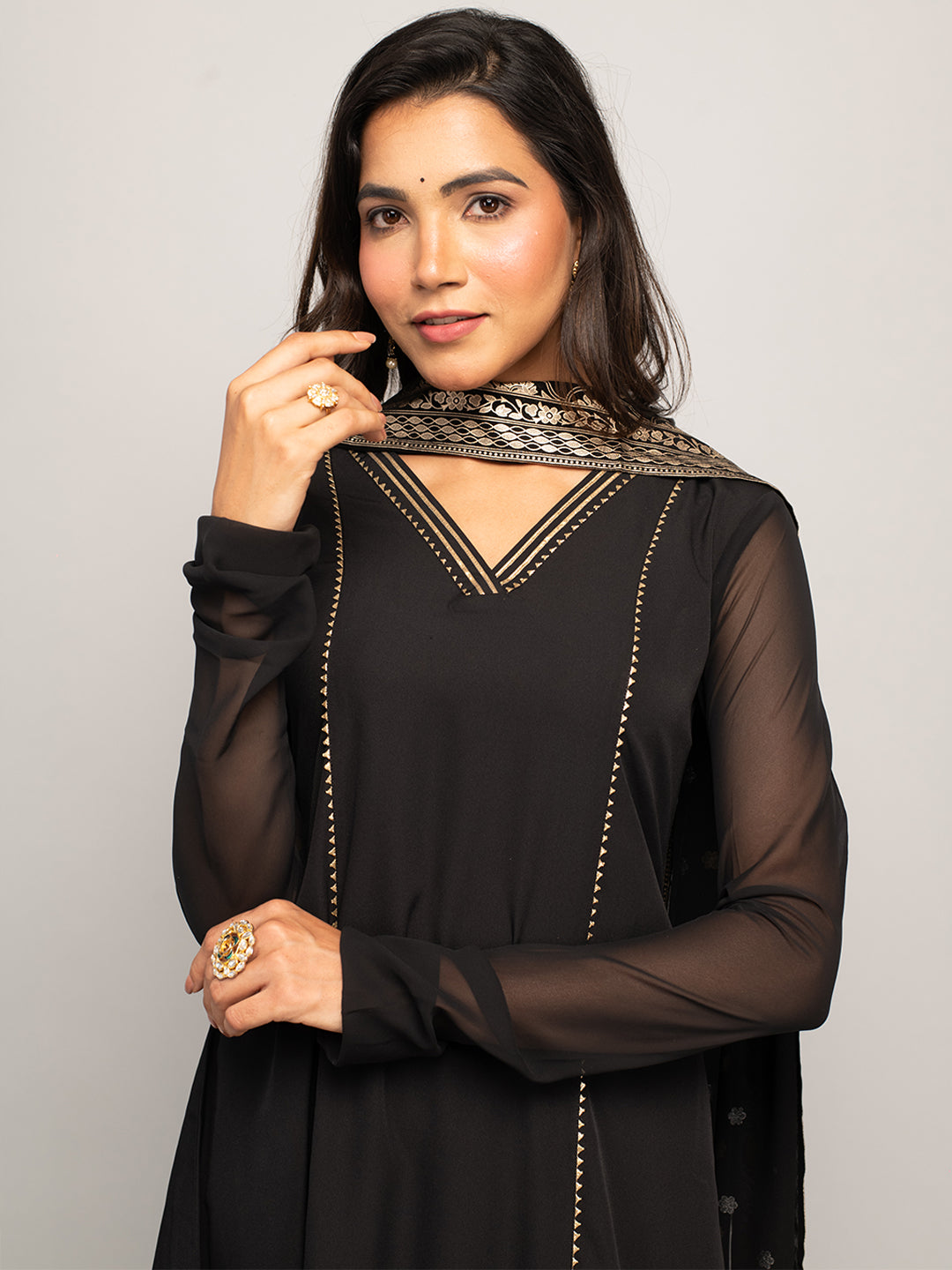 Women's Balck Crepe A-line Kurta with Pant and Dupatta