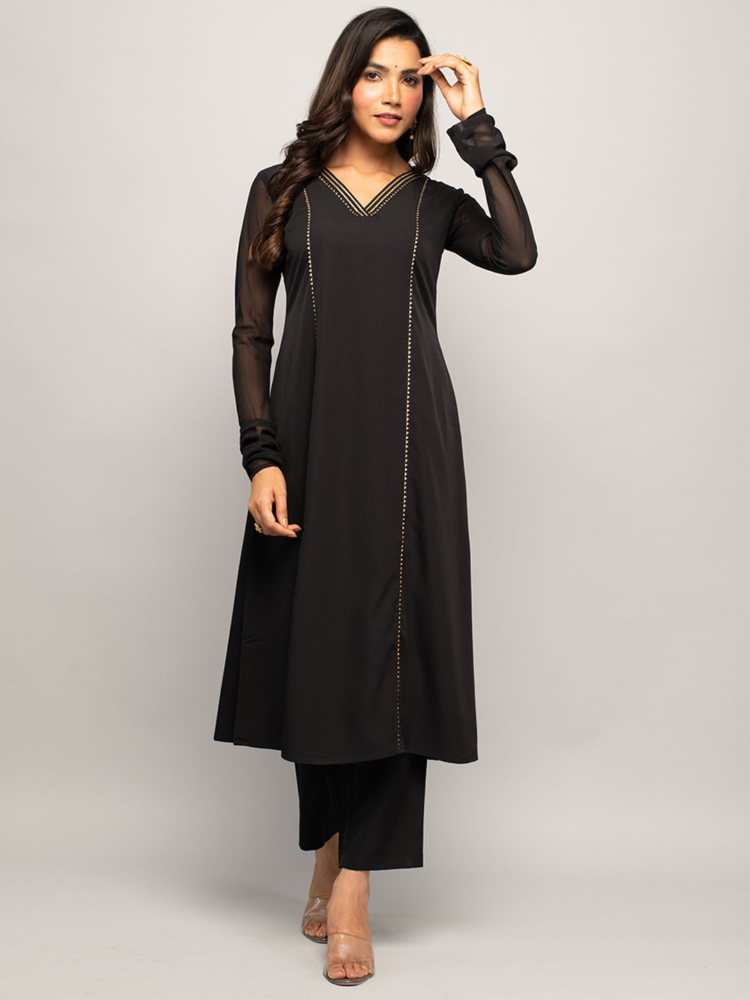 Women's Balck Crepe A-line Kurta with Pant and Dupatta