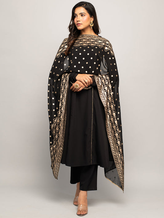 Women's Balck Crepe A-line Kurta with Pant and Dupatta