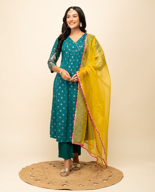 Women's Teal Blue Crepe A-Line Kurta Pant with dupatta