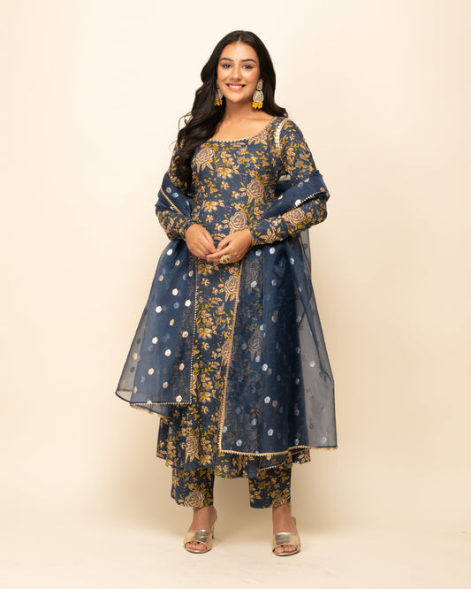 Women's Navy Blue Cotton A-line Kurta with Pant and Dupatta