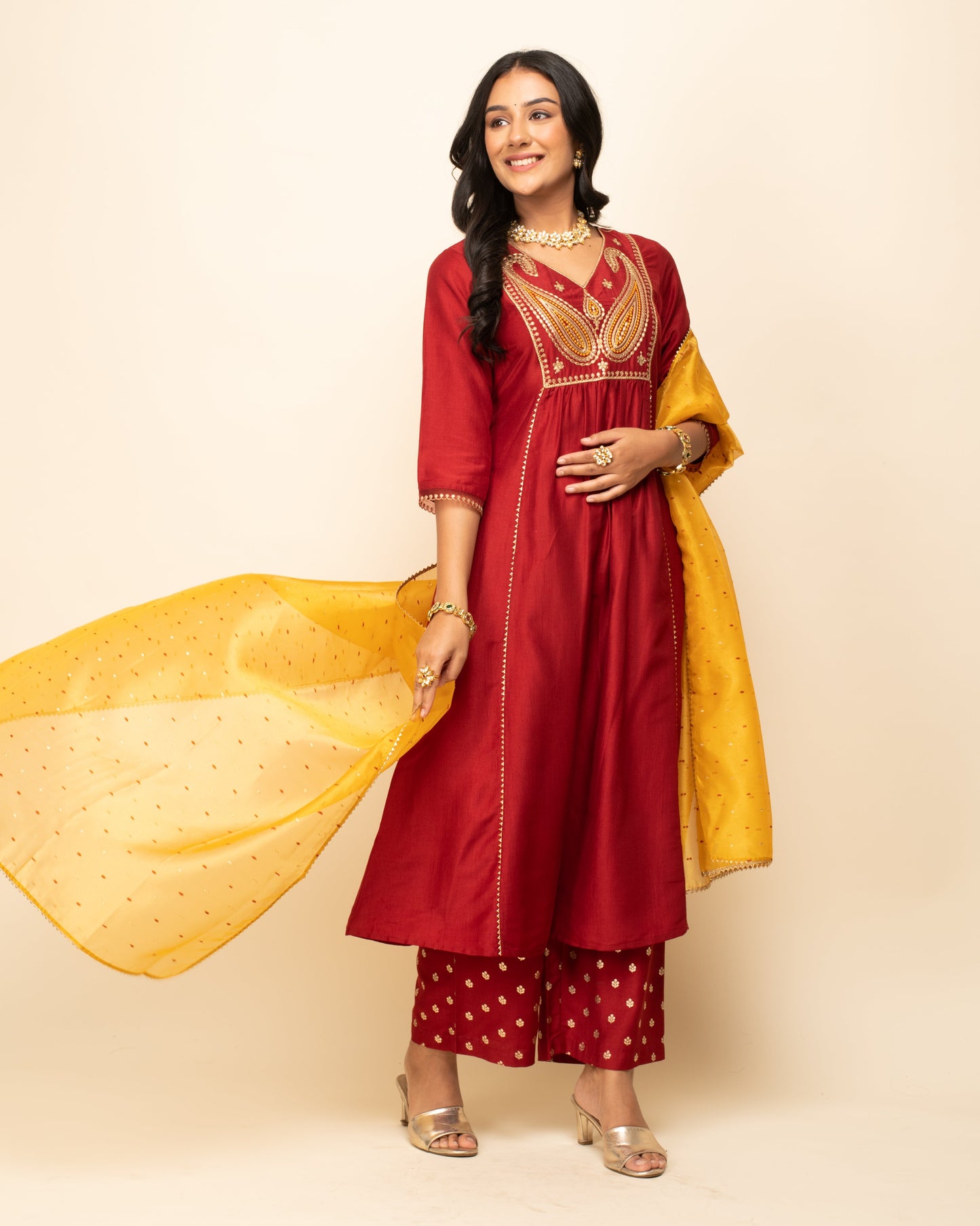 Women's Red Silk Blend A-Line Kurta With Palazzo And Dupatta