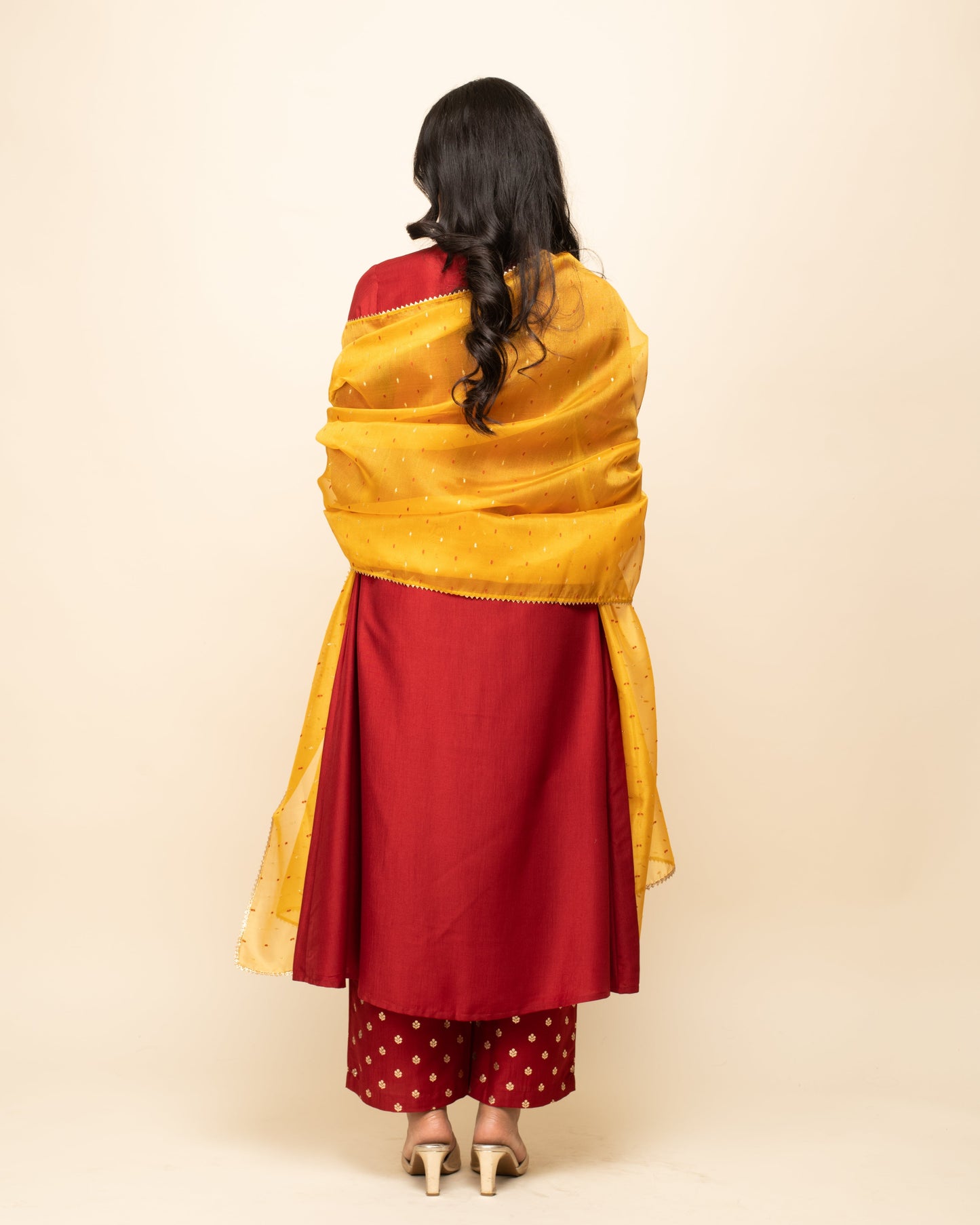 Women's Red Silk Blend A-Line Kurta With Palazzo And Dupatta