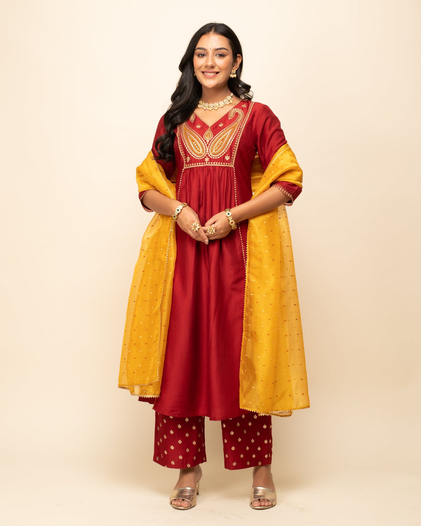 Women's Red Silk Blend A-Line Kurta With Palazzo And Dupatta