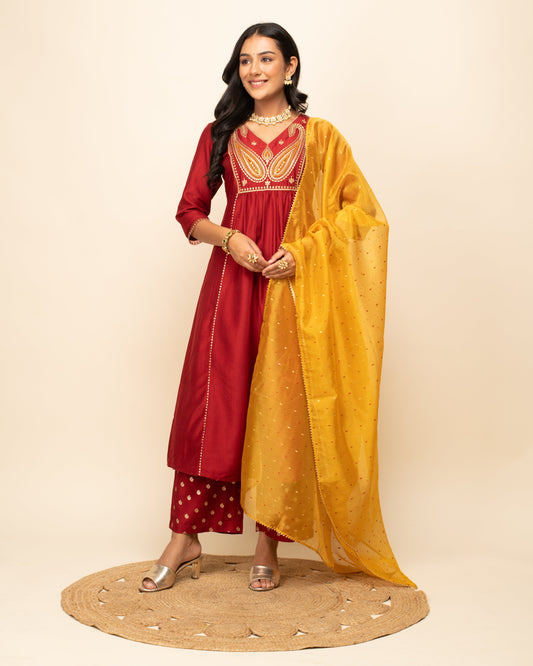 Women's Red Silk Blend A-Line Kurta With Palazzo And Dupatta