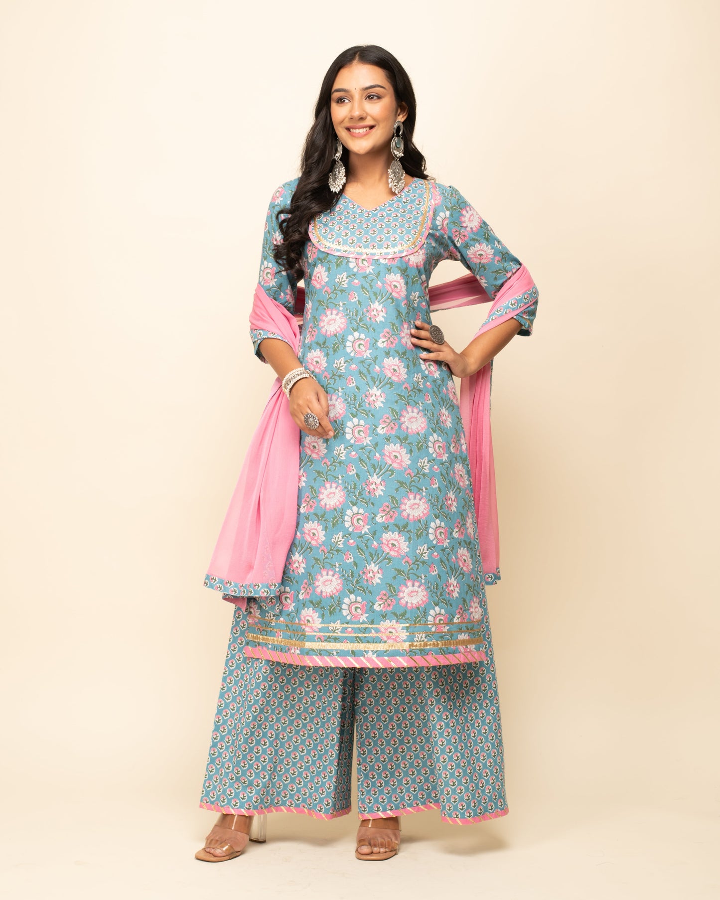 Women's Sky Blue Cotton Straight Kurta with Palazzo And Dupatta