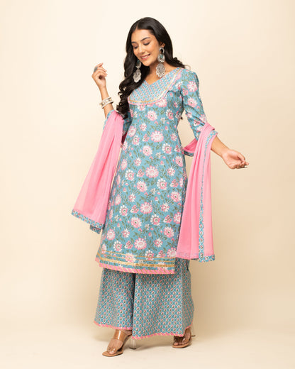 Women's Sky Blue Cotton Straight Kurta with Palazzo And Dupatta