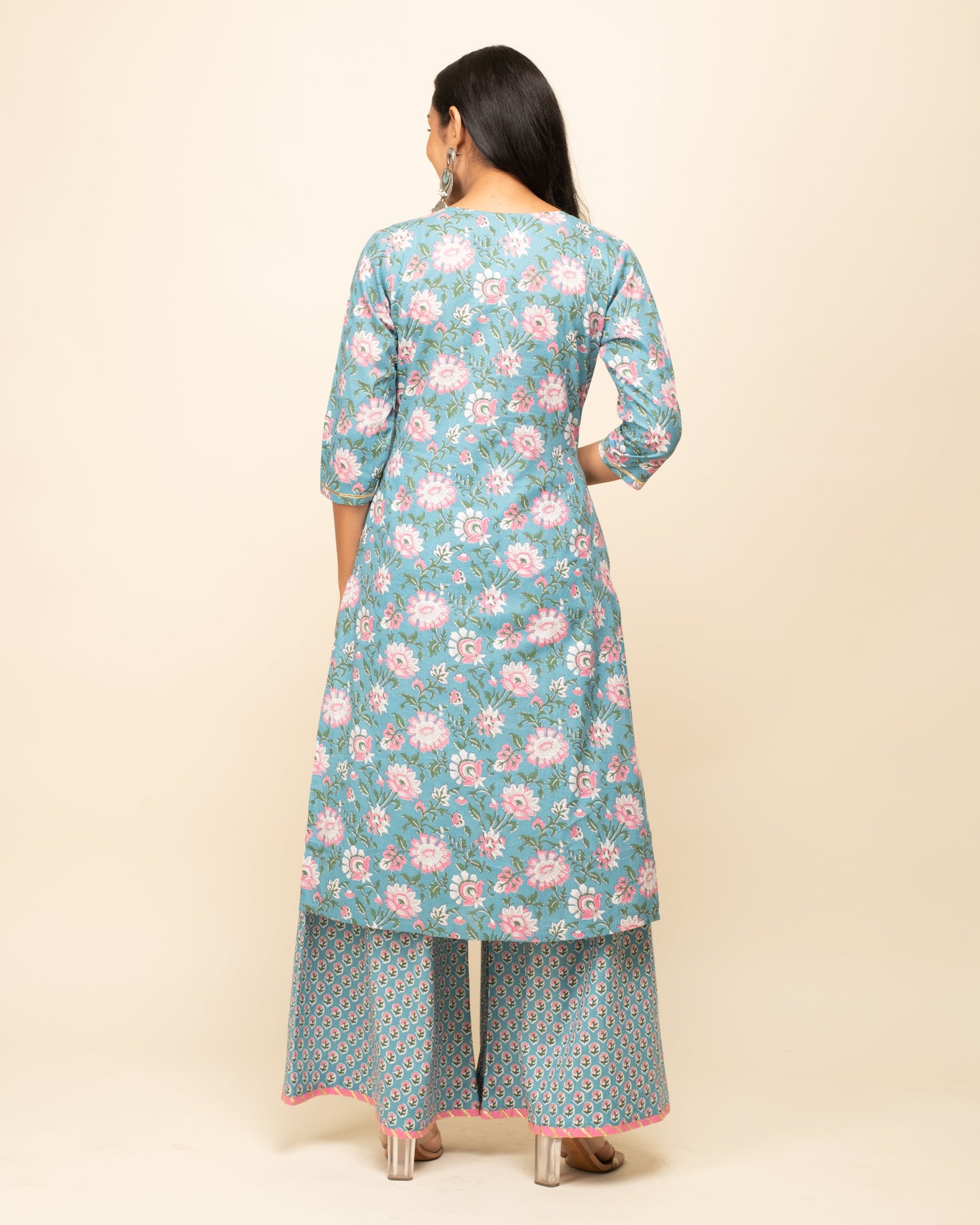 Women's Sky Blue Cotton Straight Kurta with Palazzo And Dupatta