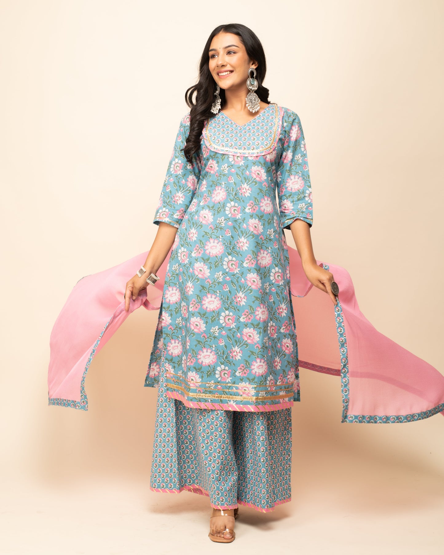 Women's Sky Blue Cotton Straight Kurta with Palazzo And Dupatta