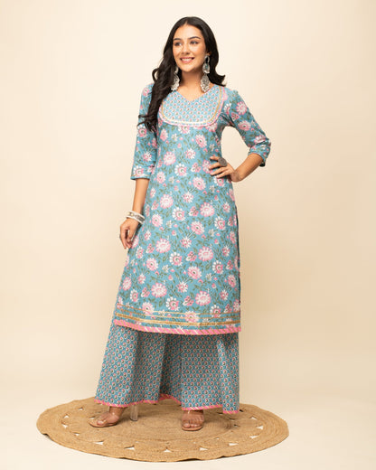 Women's Sky Blue Cotton Straight Kurta with Palazzo And Dupatta