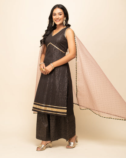 Women's Black Lurex Cotton Straight Kurta With Palazzo And Dupatta