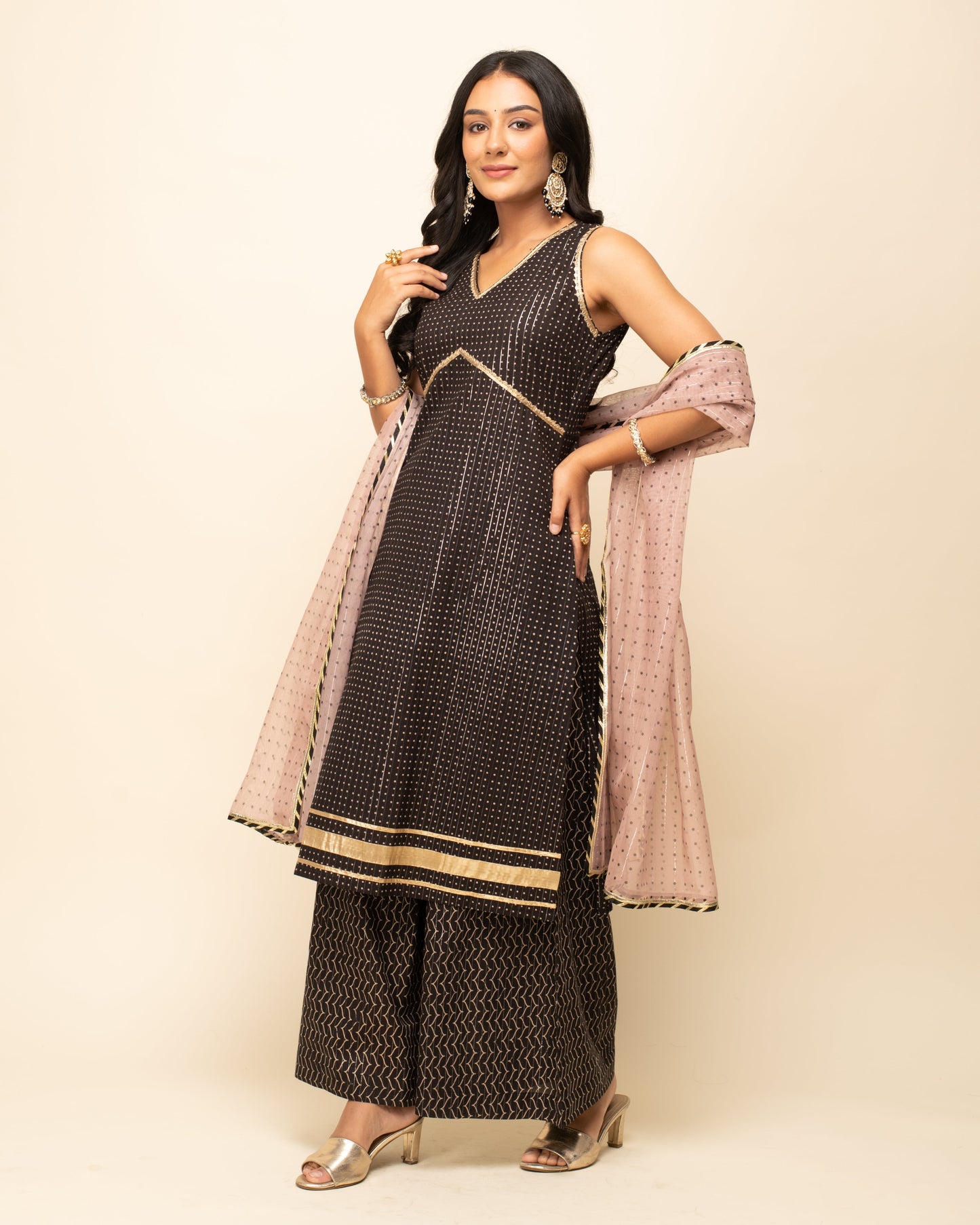 Women's Black Lurex Cotton Straight Kurta With Palazzo And Dupatta