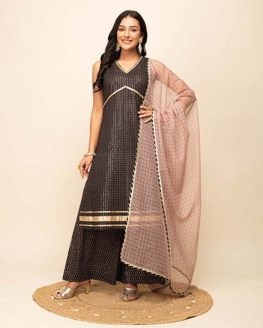 Women's Black Lurex Cotton Straight Kurta With Palazzo And Dupatta