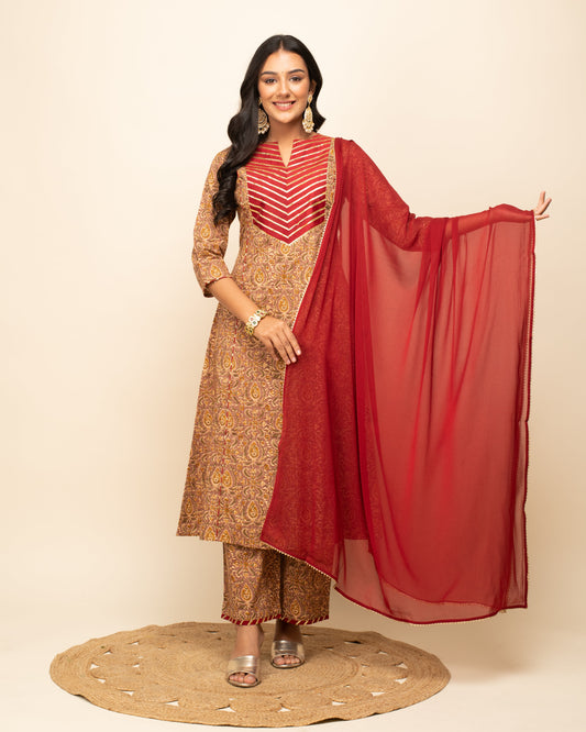 Women's Brown Cotton A-line Kurta with Pant and Dupatta