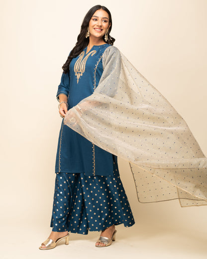 Women's Teal Blue Silk Blend Straight Kurta With Palazzo And Dupatta