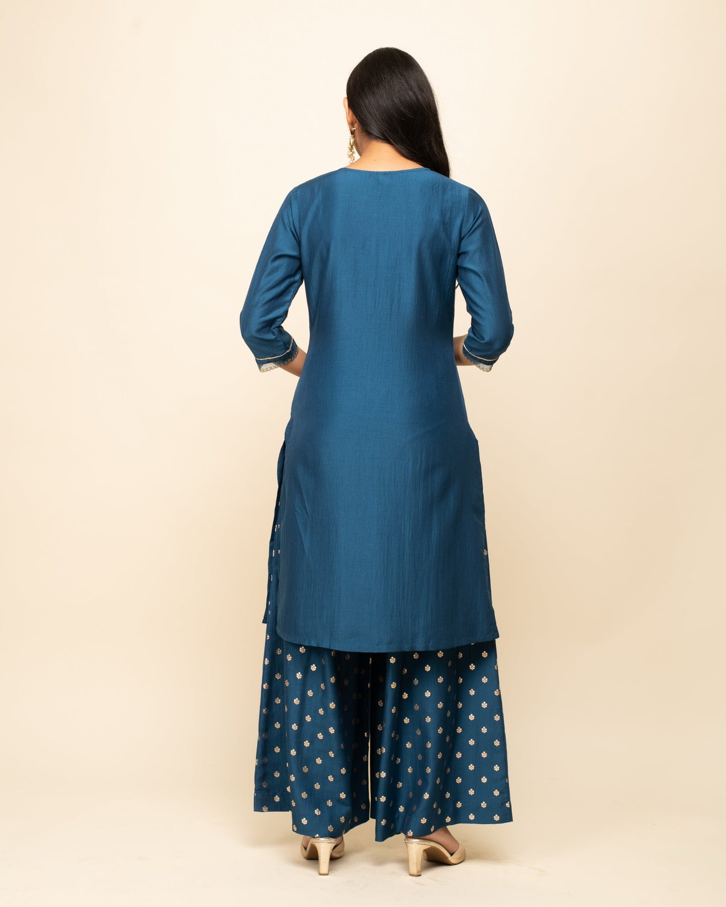 Women's Teal Blue Silk Blend Straight Kurta With Palazzo And Dupatta