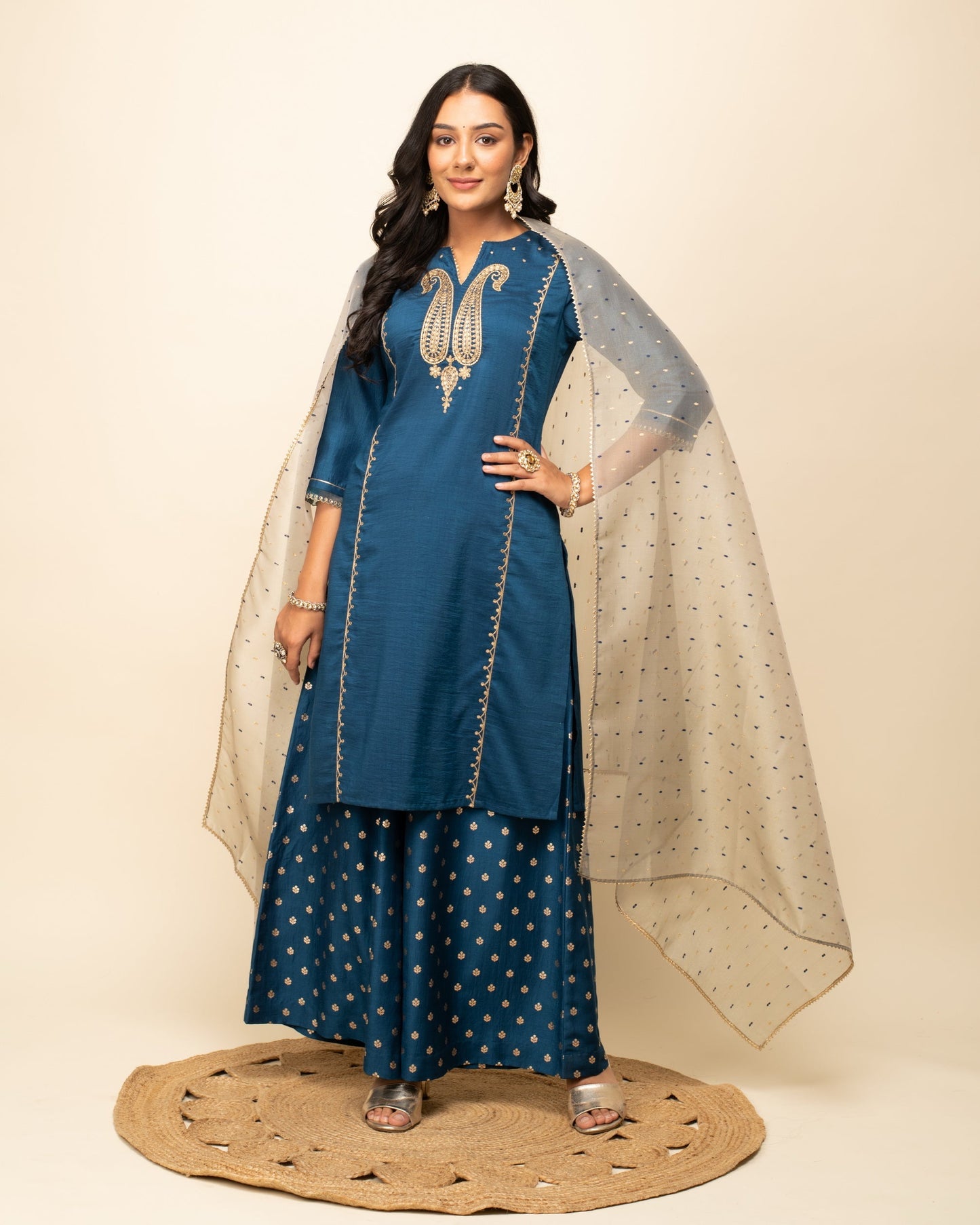 Women's Teal Blue Silk Blend Straight Kurta With Palazzo And Dupatta