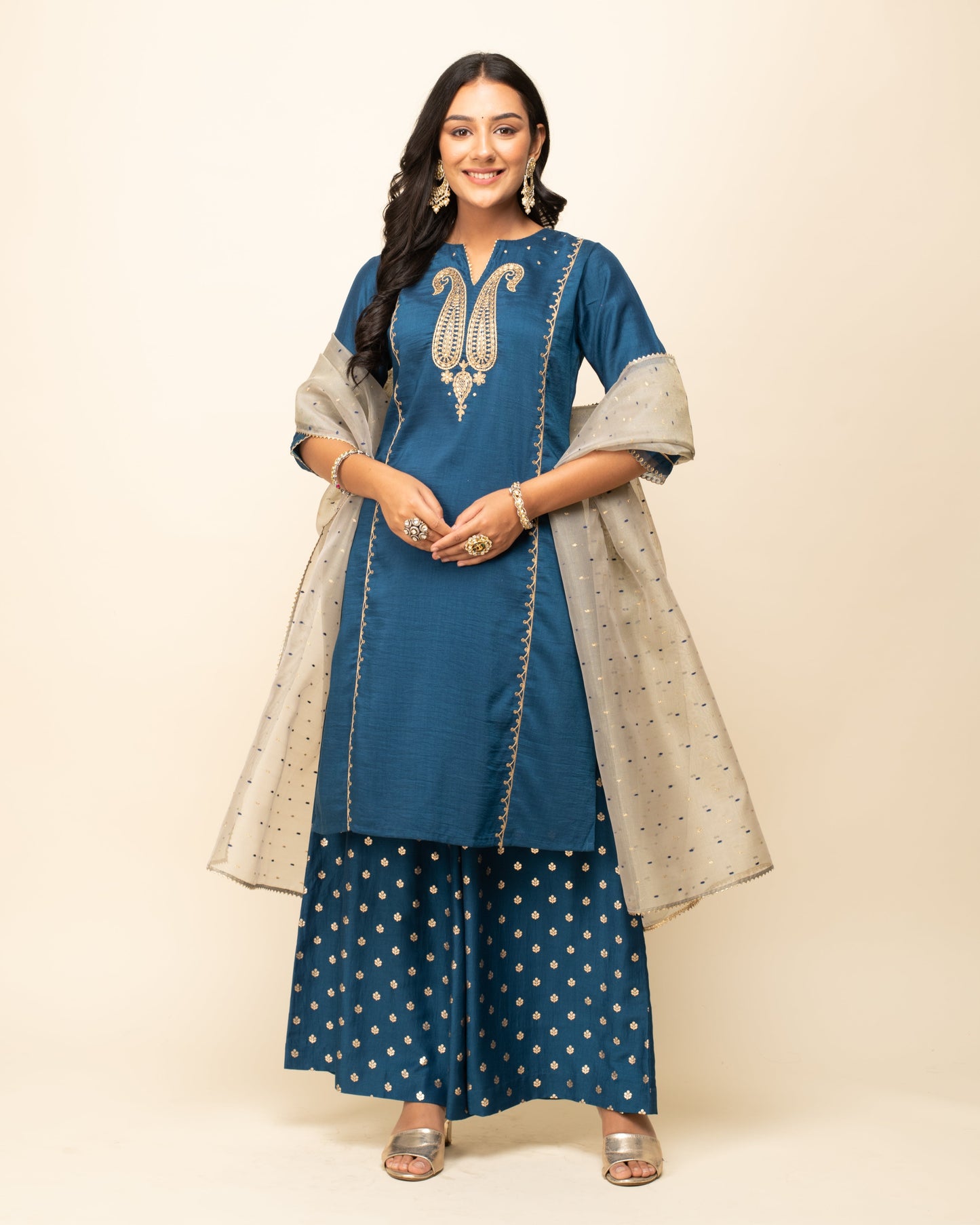 Women's Teal Blue Silk Blend Straight Kurta With Palazzo And Dupatta