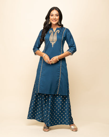 Women's Teal Blue Silk Blend Straight Kurta With Palazzo And Dupatta