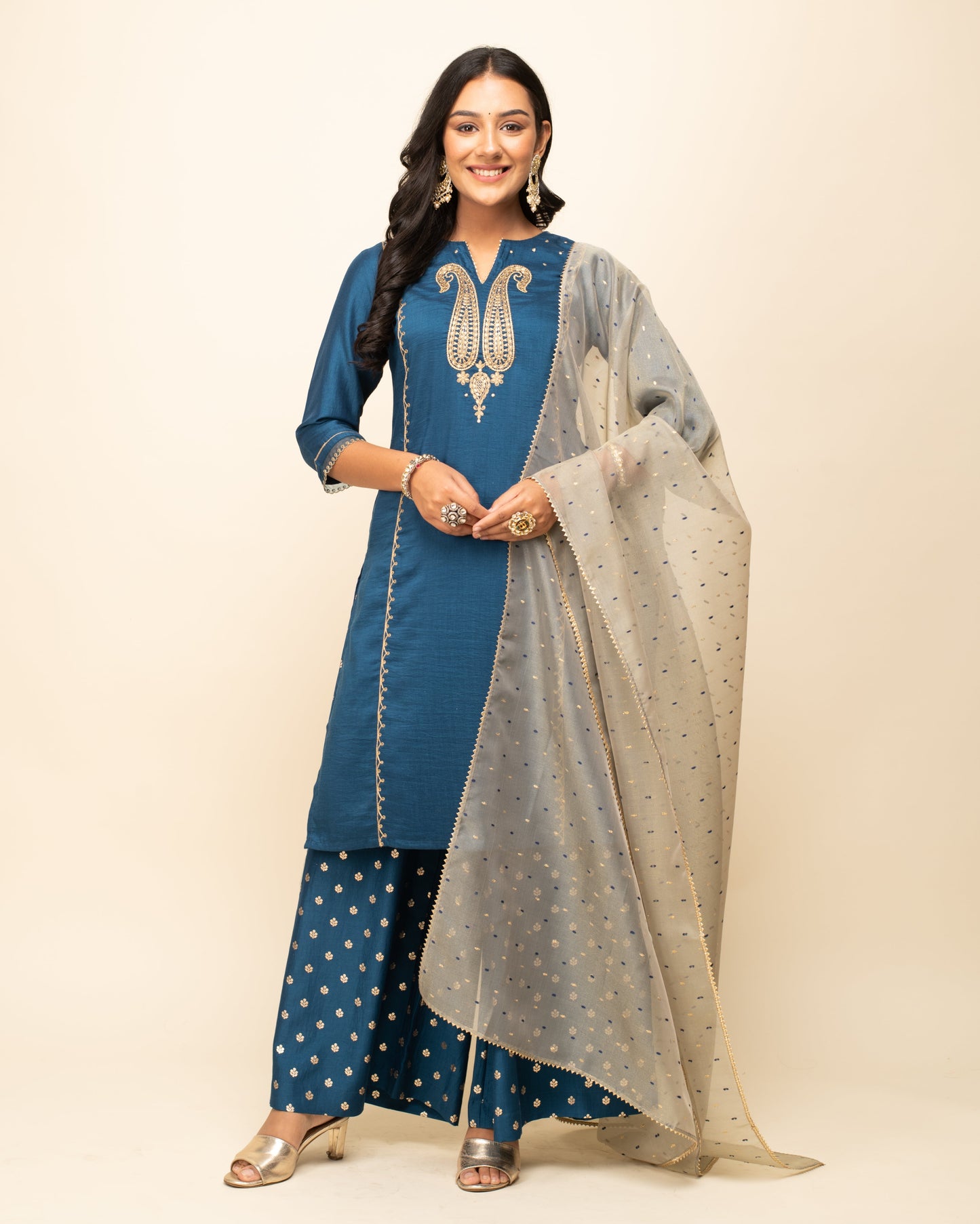 Women's Teal Blue Silk Blend Straight Kurta With Palazzo And Dupatta