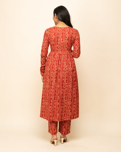 Women's Red Cotton A-Line Kurta With Pant And Dupatta