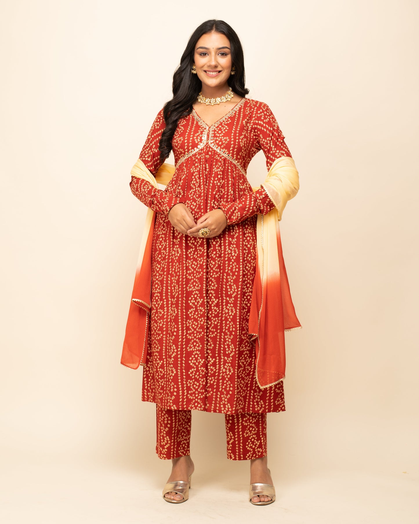 Women's Red Cotton A-Line Kurta With Pant And Dupatta