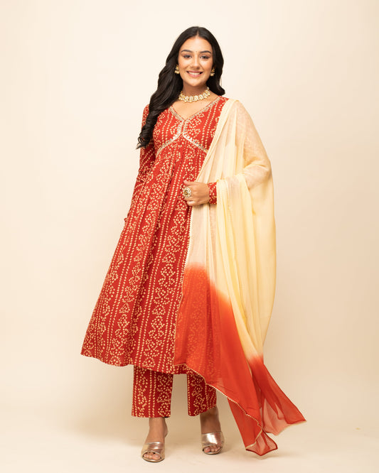 Women's Red Cotton A-Line Kurta With Pant And Dupatta