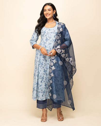 Women's Light blue Cotton Flared Kurta Pant with Dupatta