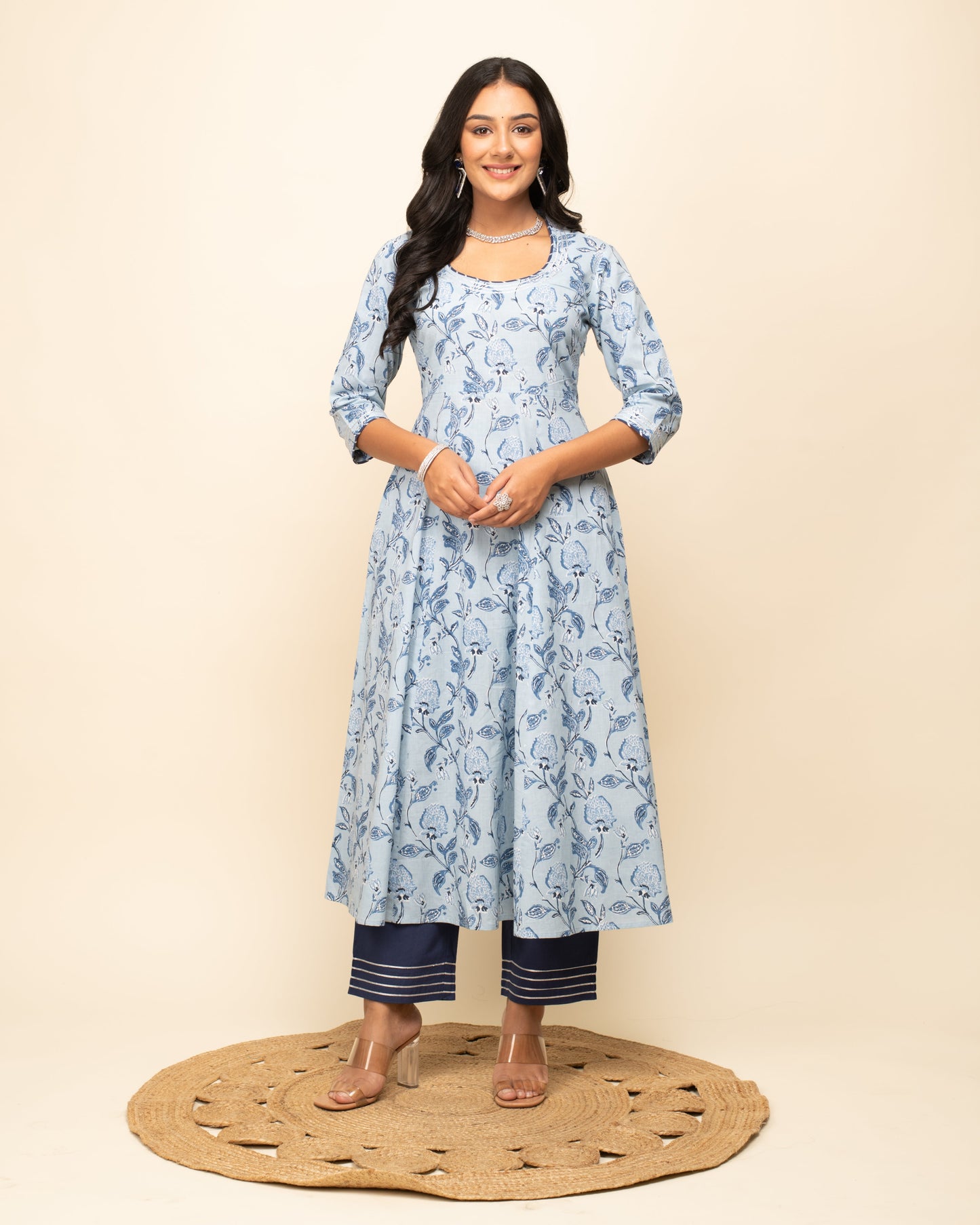 Women's Light blue Cotton Flared Kurta Pant with Dupatta