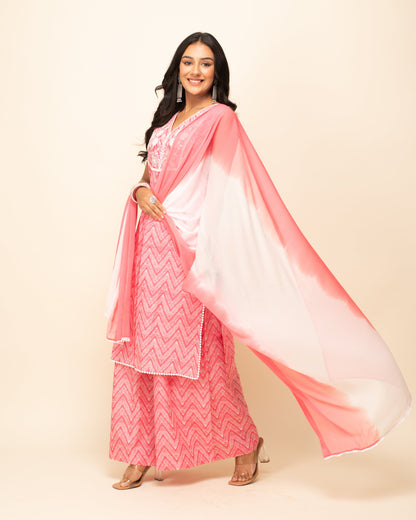 Women's Peach Cotton Straight Kurta With Palazzo And Dupatta