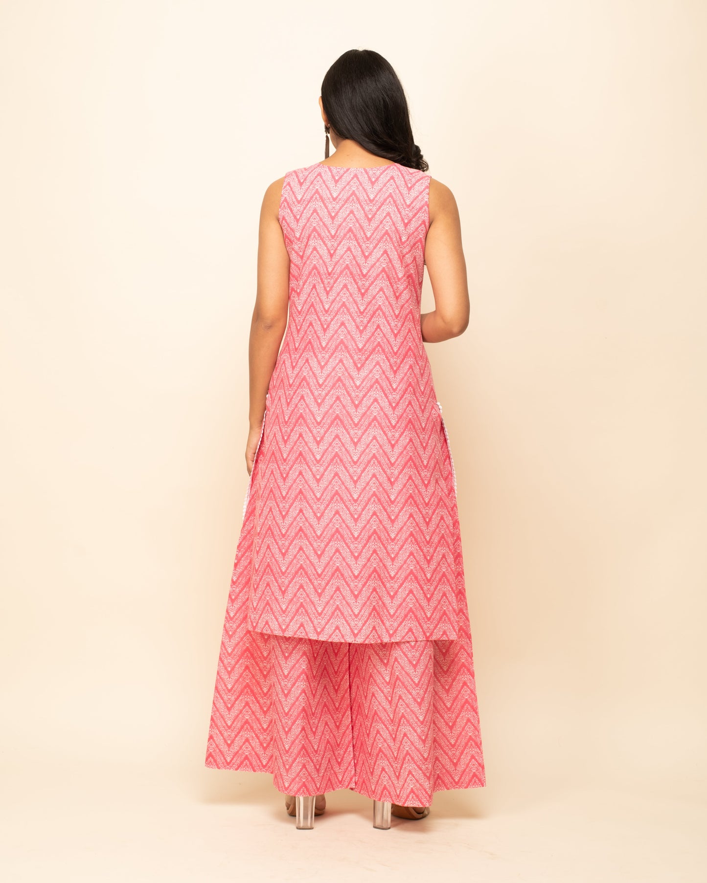 Women's Peach Cotton Straight Kurta With Palazzo And Dupatta