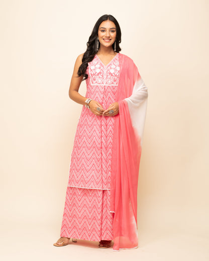 Women's Peach Cotton Straight Kurta With Palazzo And Dupatta