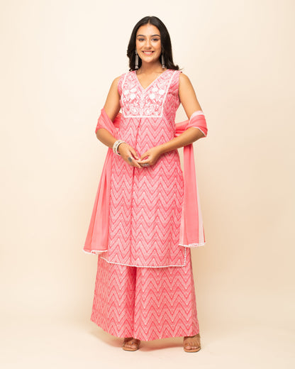 Women's Peach Cotton Straight Kurta With Palazzo And Dupatta