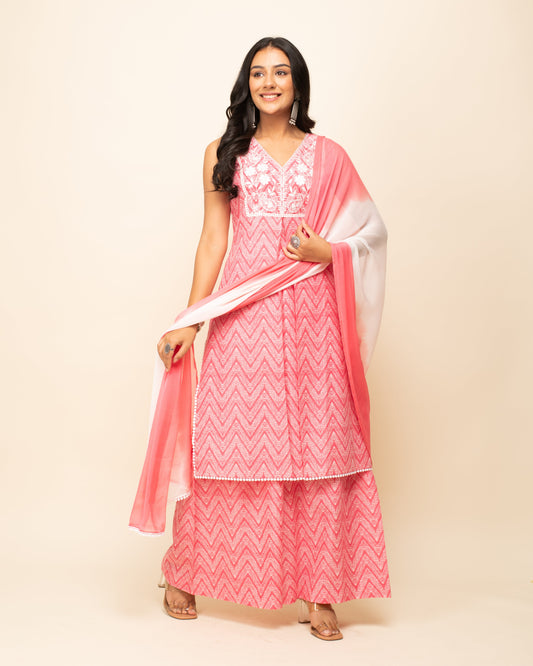 Women's Peach Cotton Straight Kurta With Palazzo And Dupatta