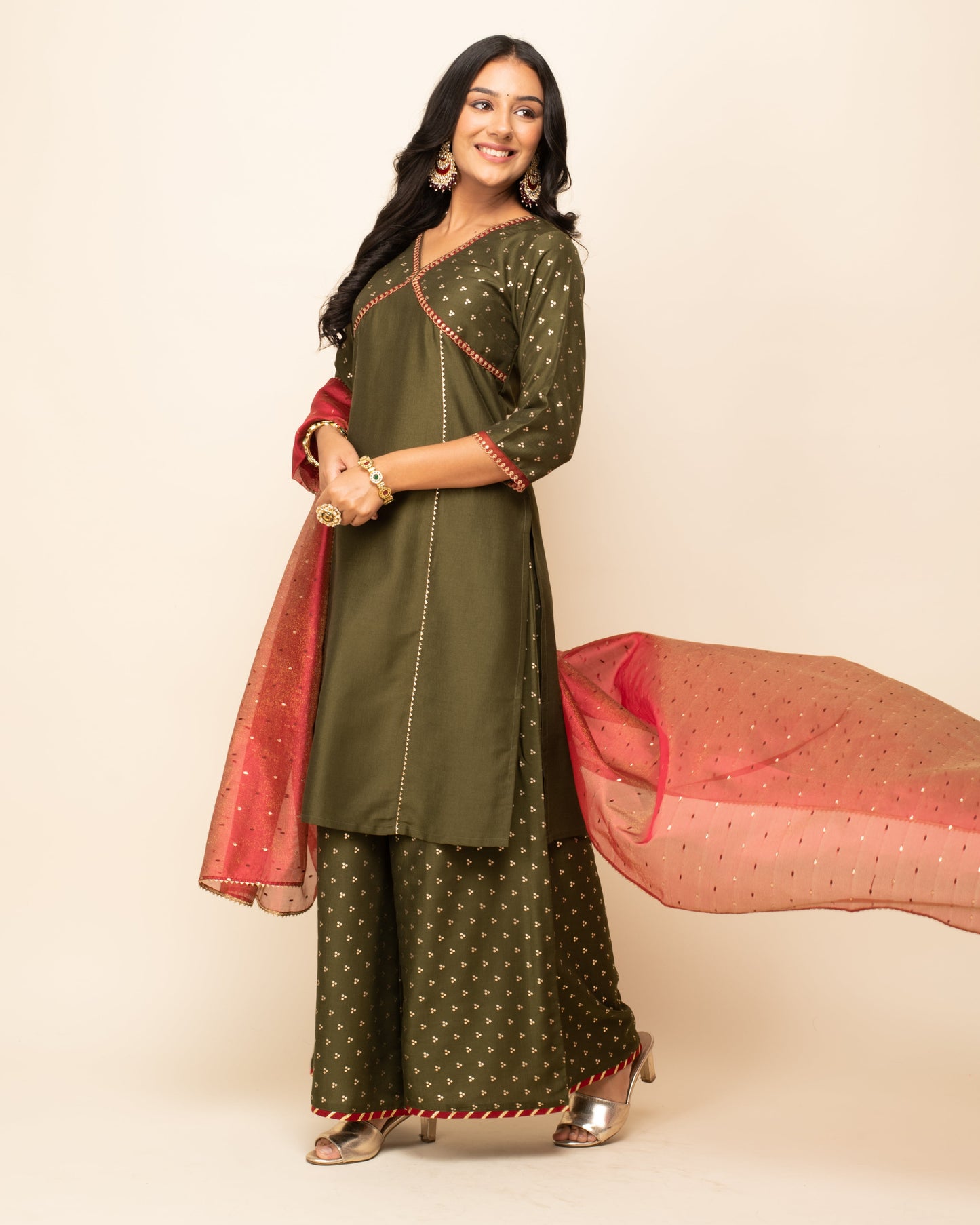 Women's Green Silk Blend Straight Kurta With Palazzo And Dupatta