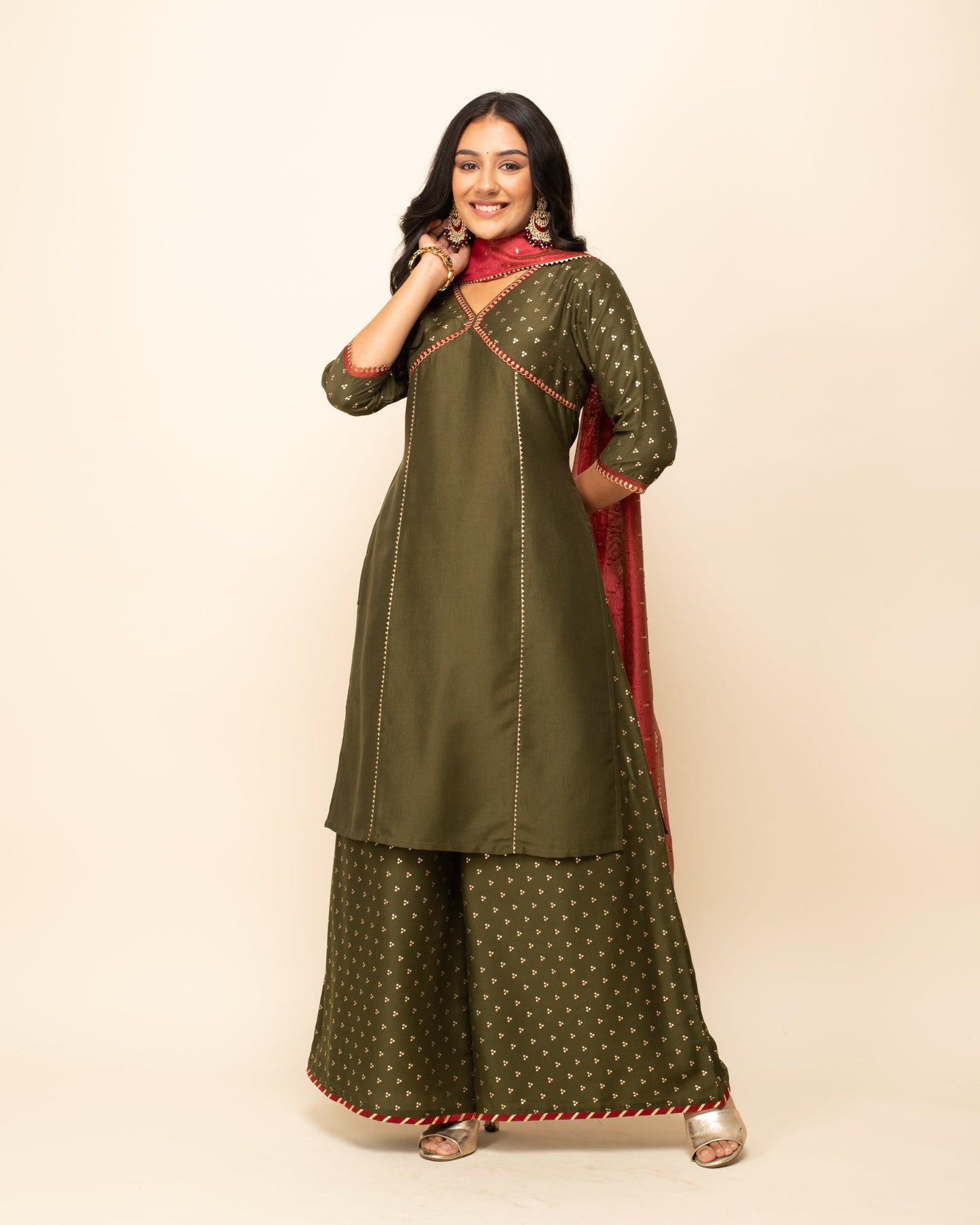 Women's Green Silk Blend Straight Kurta With Palazzo And Dupatta