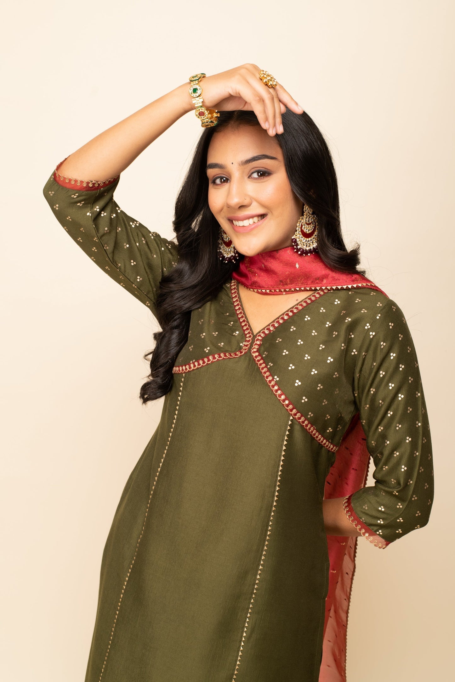 Women's Green Silk Blend Straight Kurta With Palazzo And Dupatta