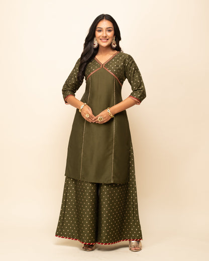 Women's Green Silk Blend Straight Kurta With Palazzo And Dupatta