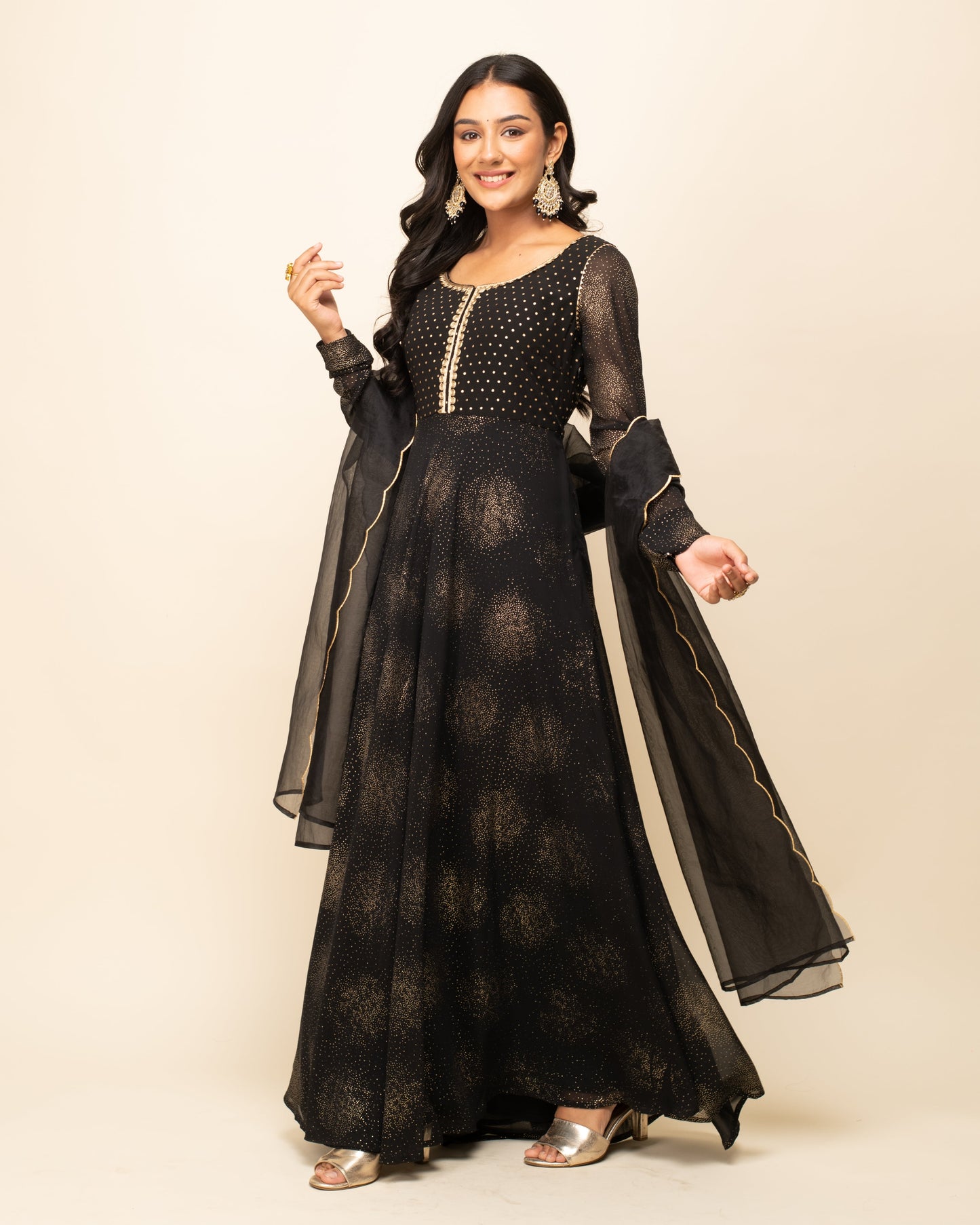 Women's Black Georgette Printed Gown with dupatta